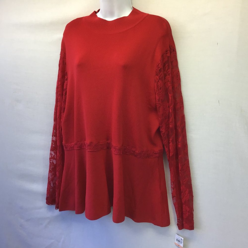 INC Real Red Peplum Tunic Top Lacey Long Sleeve Mock Neck Popover Tunic NWT 2X - Picture 3 of 7